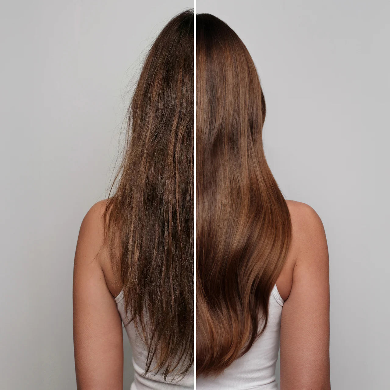Before and after comparison of hair treatment on a person with long brown hair against a neutral background.