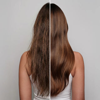 Before and after comparison of hair treatment on a person with long brown hair against a neutral background.
