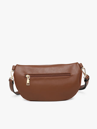 A brown faux-leather crescent-shaped shoulder bag with a front zippered pocket and gold-tone hardware, displayed on a clean white background.