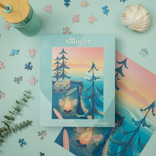 Villager puzzle box with a forest and campfire design, surrounded by puzzle pieces and nature-themed items on a light blue background.