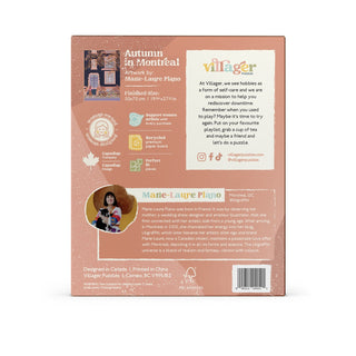Back of a puzzle box with branding and design information on a white background