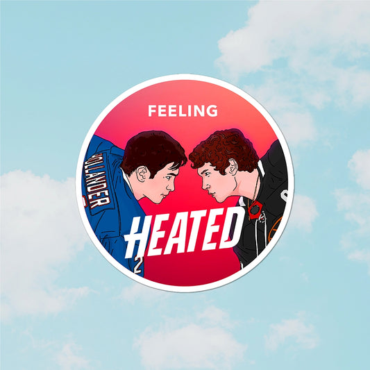 Circular sticker with two characters facing each other and text 'Feeling Heated' against a sky background