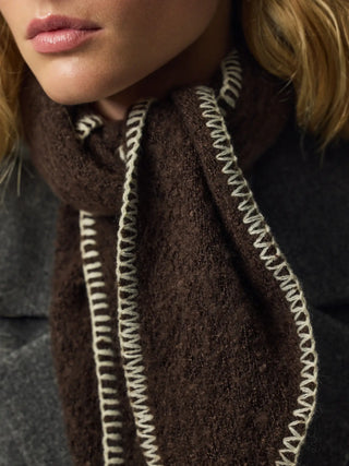 Close-up of a person wearing a dark brown knit scarf with contrasting cream zigzag stitching, paired with a dark gray coat.