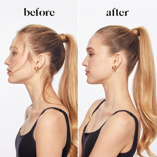 Before and after comparison of a woman with a ponytail on a plain background