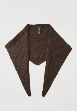 A dark brown fuzzy knit wrap or shawl with a triangular pointed bottom, laid flat against a light gray background.