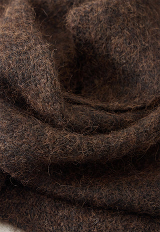 A close-up of a dark brown fuzzy knit fabric, likely a scarf or sweater material, shown in soft folds.
