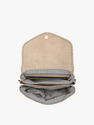 Beige and gray fabric pouch with a button on a white background