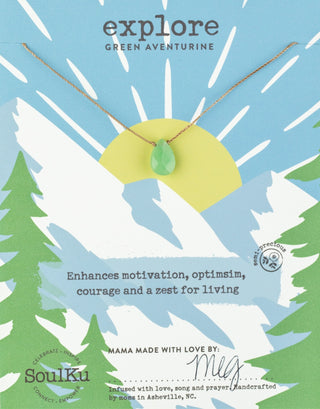 Necklace with green aventurine stone on packaging with nature-themed design