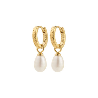  gold hoops with a pearl drop on a white background