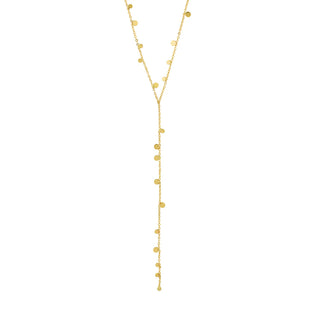 Gold necklace with small round beads on a white background