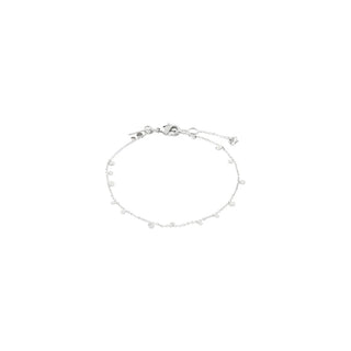 A delicate silver chain anklet featuring small, evenly spaced white pearl-like beads and a lobster clasp closure, shown against a plain white background.