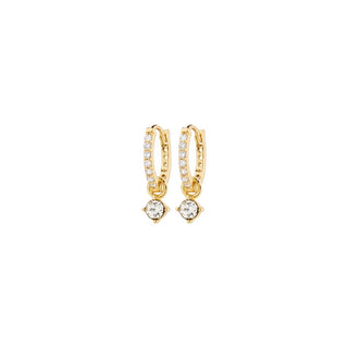 Gold hoop earrings with embedded stones on a white background