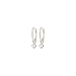 Pair of silver hoop earrings with small round crystals on a white background