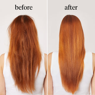 Before and after comparison of long, straight hair on a person wearing a white tank top.