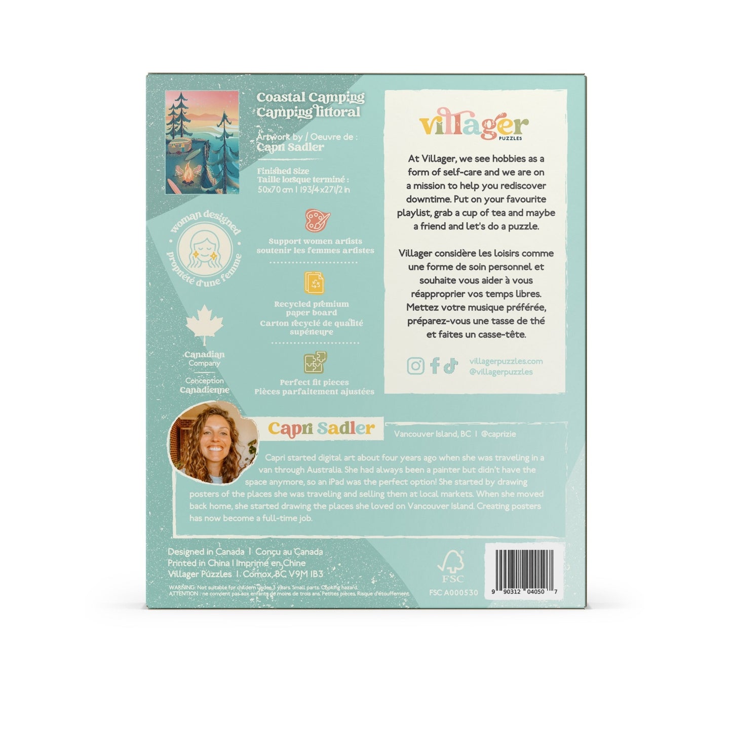 Back of a product packaging with text and branding on a light blue background