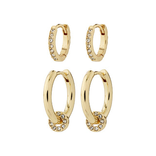 Gold hoop earrings with embedded stones on a white background