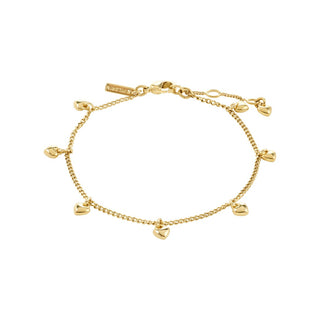 Gold bracelet with heart-shaped charms on a white background