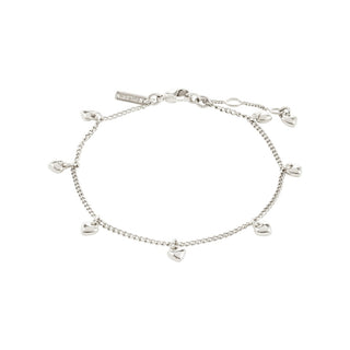 Silver bracelet with heart-shaped charms on a white background