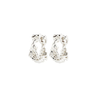 Pair of silver hoop earrings on a white background