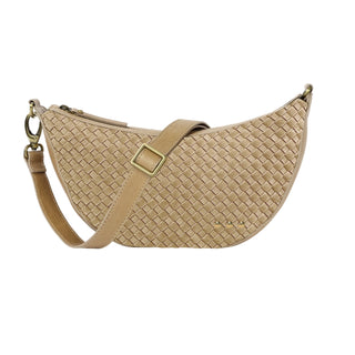 Beige woven handbag with a gold buckle on a white background