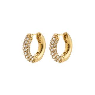 Gold hoop earrings with embedded crystals on a white background