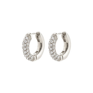 Pair of silver hoop earrings with clear gemstones on a white background