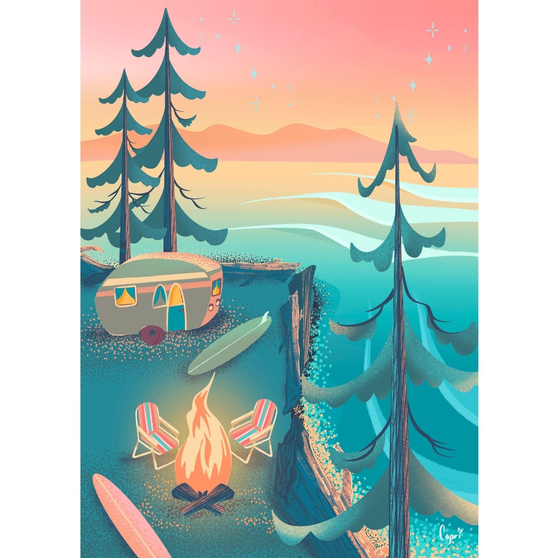 Illustration of a camping scene with a camper, campfire, and trees at sunset.