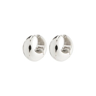 Pair of silver hoop earrings on a white background