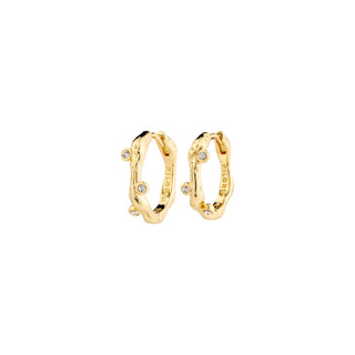 Gold hoop earrings with small diamonds on a white background
