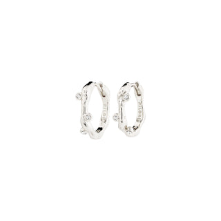Pair of silver hoop earrings with small diamonds on a white background