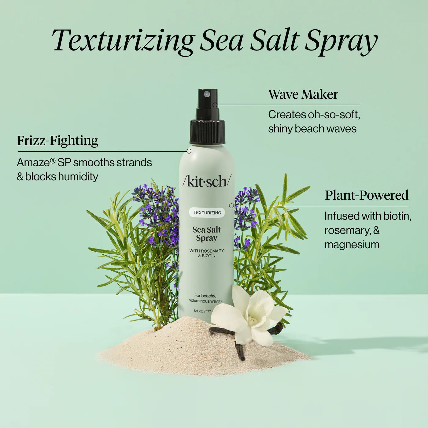 Kit-sch Texturizing Sea Salt Spray bottle with greenery and sand on a light green background