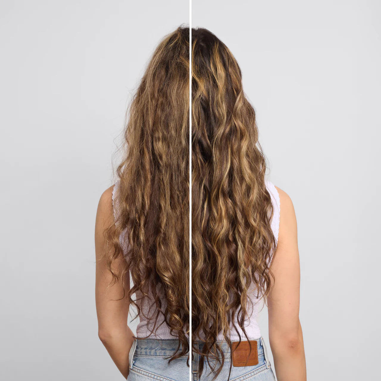 Side-by-side comparison of long, wavy hair on a plain background