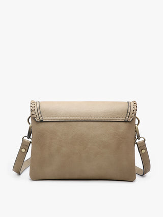A taupe faux-leather crossbody bag with a flap closure, decorative braided trim along the top edge, and a matching adjustable shoulder strap, shown against a plain white background.