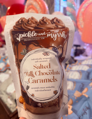 Pack of salted milk chocolate caramels with 'Pickle and Myrh' branding.