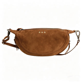 A brown suede half-moon fanny pack with a zippered top, three small gold-tone studs on the front, and a detachable shoulder strap, shown against a plain white background.