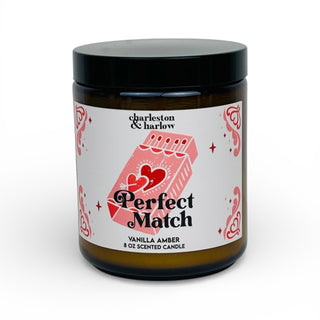 Candle jar with 'Perfect Match' label on a white background