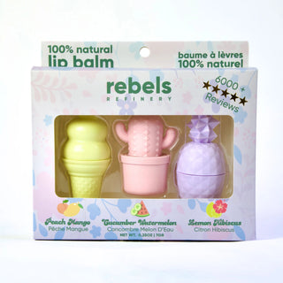Packaging of rebels refinery lip balm set with three lip balms in a box.