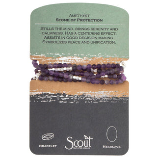 Amethyst bracelet on a Scout branded card with descriptive text.