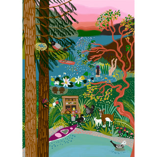 Colorful illustration of a forest scene with a stream, animals, and nature elements.