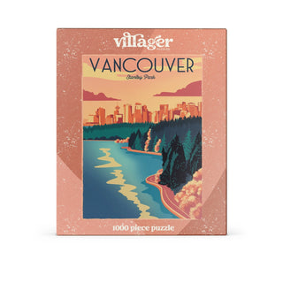 Vancouver-themed puzzle box with scenic illustration and 'Villager' branding.