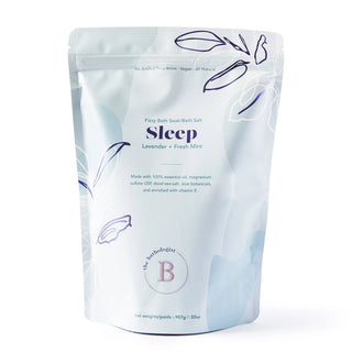 Package of Fuzzy Bath Soak labeled 'Sleep' with lavender and fresh mint on a white background