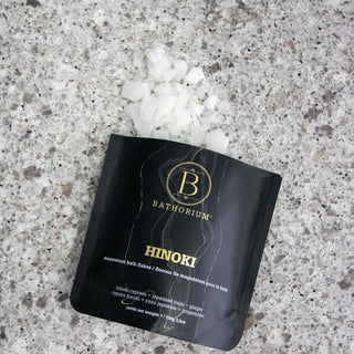 Batherium Hinoki magnesium bath fakes packaging on a textured surface