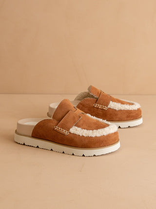 Brown slippers with white fur lining on a beige background
