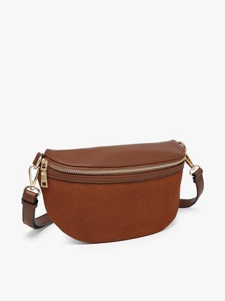 A brown faux-leather waist bag with a gold-tone zipper and adjustable shoulder strap, shown on a light gray background.