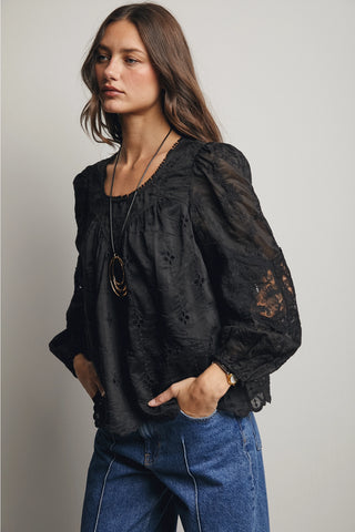 Woman wearing a black lace blouse and blue jeans against a plain background