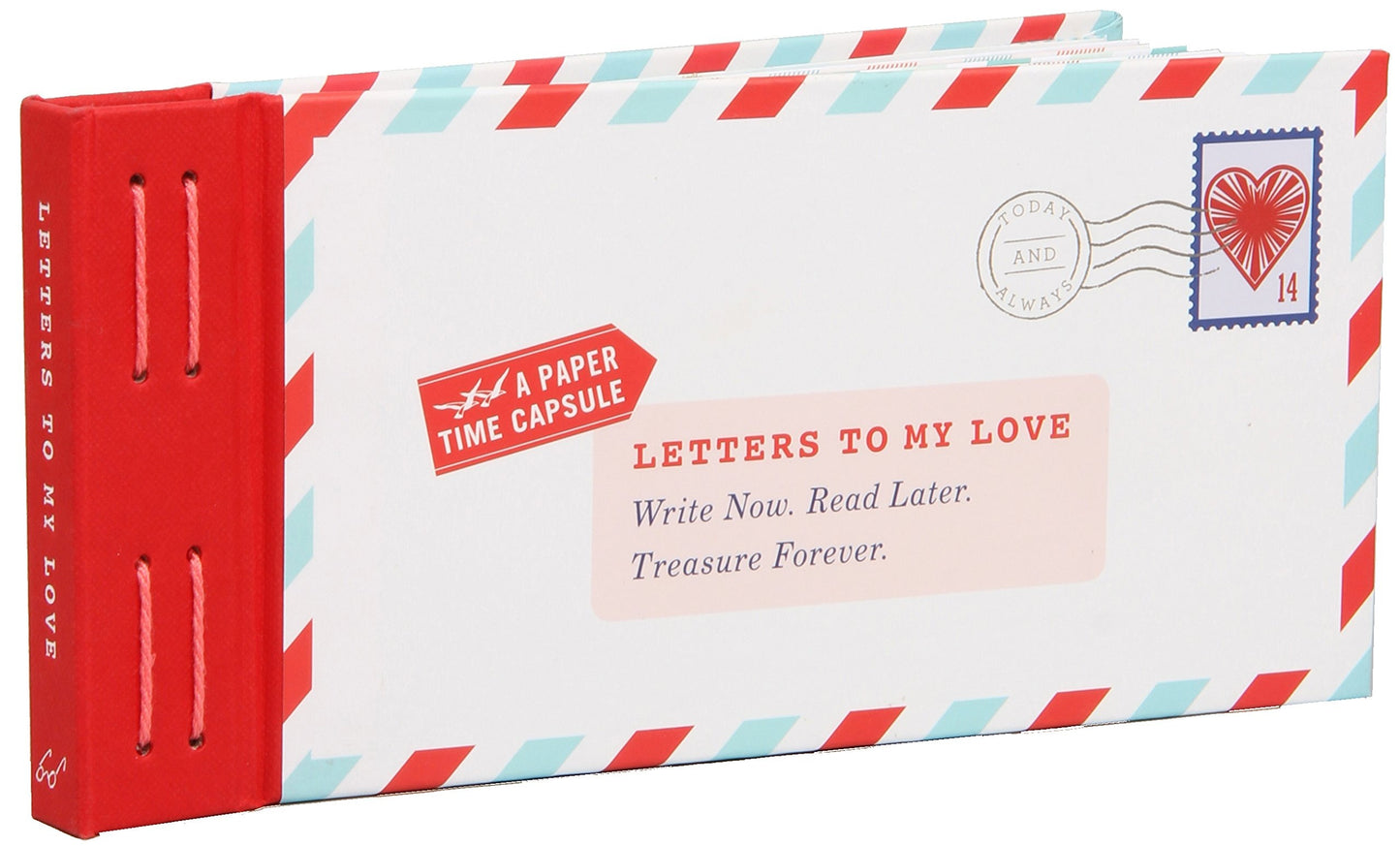 Time capsule book titled 'Letters to My Love' with red and blue striped封seals on a white background
