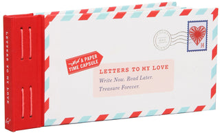 Time capsule book titled 'Letters to My Love' with red and blue striped封seals on a white background