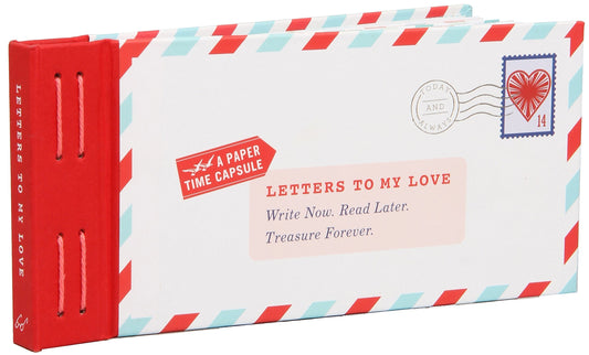 Time capsule book titled 'Letters to My Love' with red and blue striped封seals on a white background