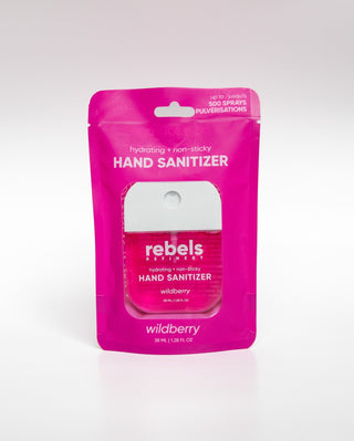 Pink package of rebels hand sanitizer on a white background