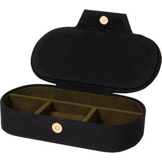The interior of a black jewelry box against a neutral background. 